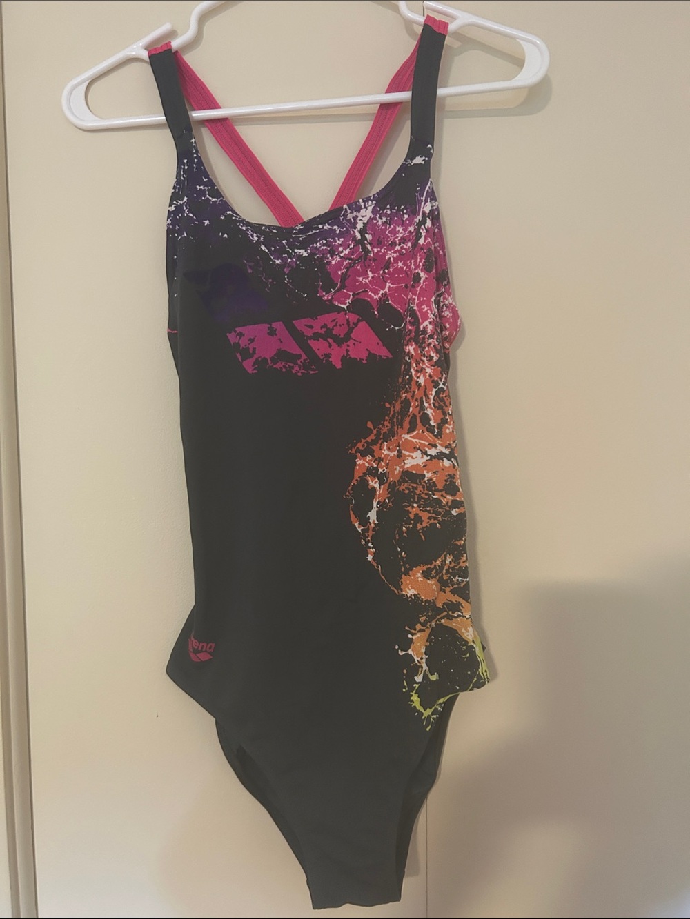 Arena Women’s Grey One-Piece Swimsuit with Pink and Orange Splash Size 38